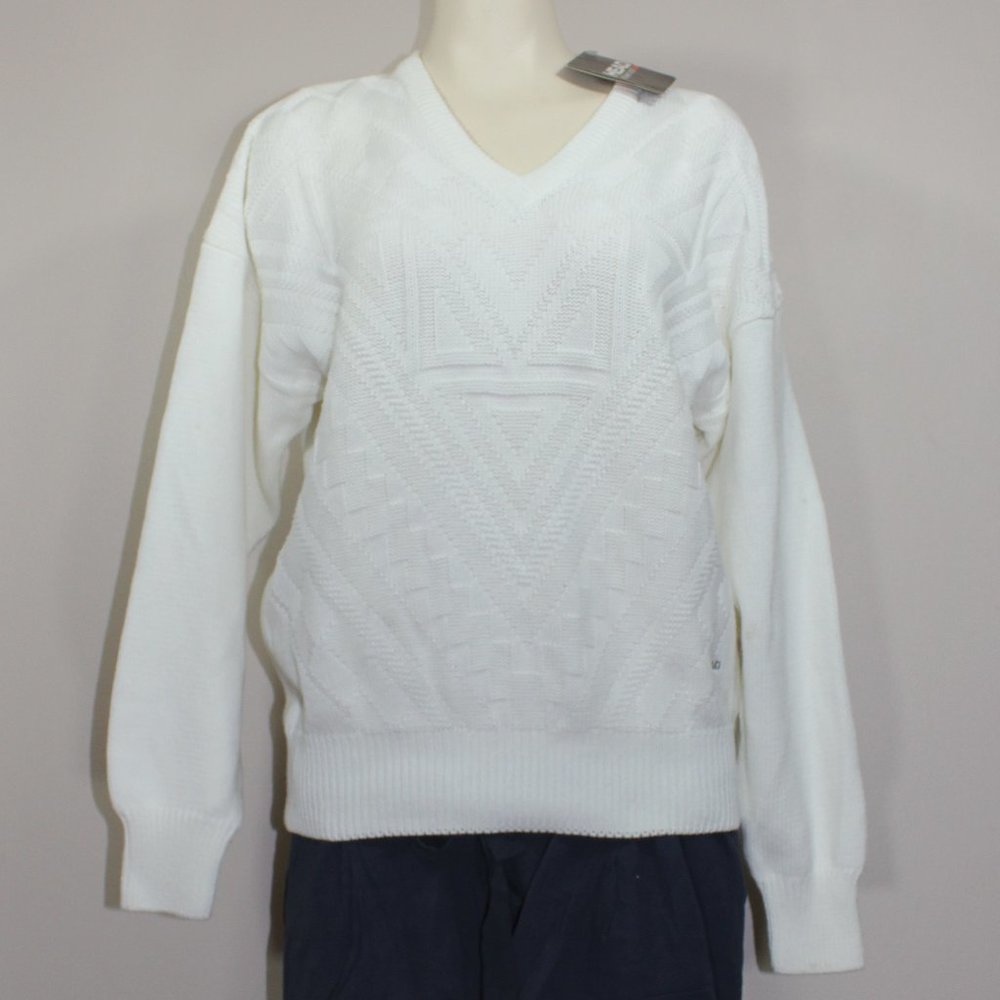 NWT Head Sportswear Knit White Sweater V-neck  Logo  100% Cotton Women   L/G